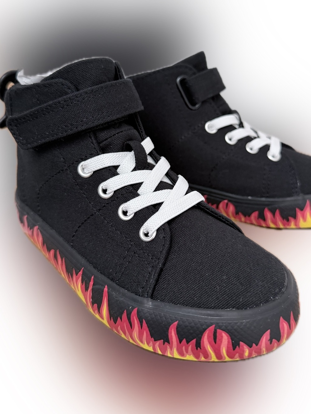 Size 10 Kids Black Canvas High-Top Sneakers with Flame Sole
